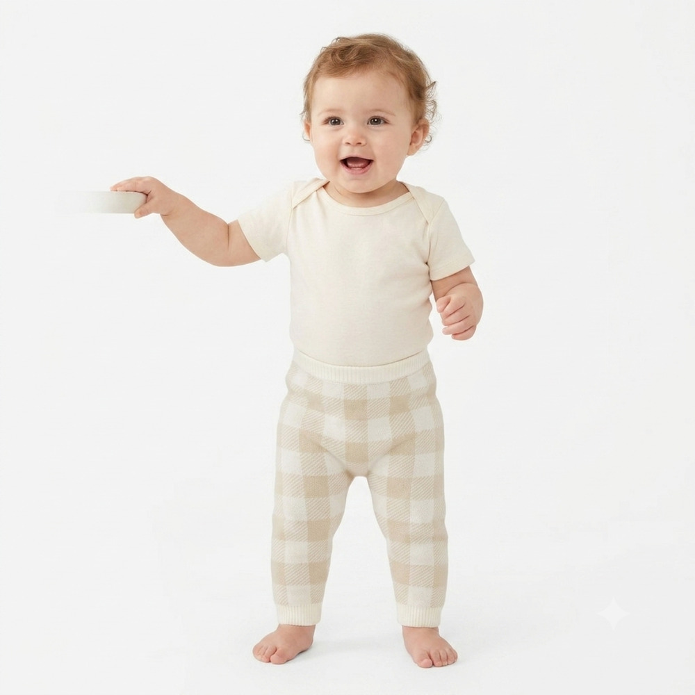 First Impressions Baby Pants 6-9 Months Cream Beige Plaid Knit Cotton NWT
